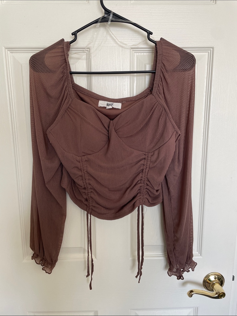 Madden NYC Ruched Long-Sleeve Crop Top in Mauve Brown